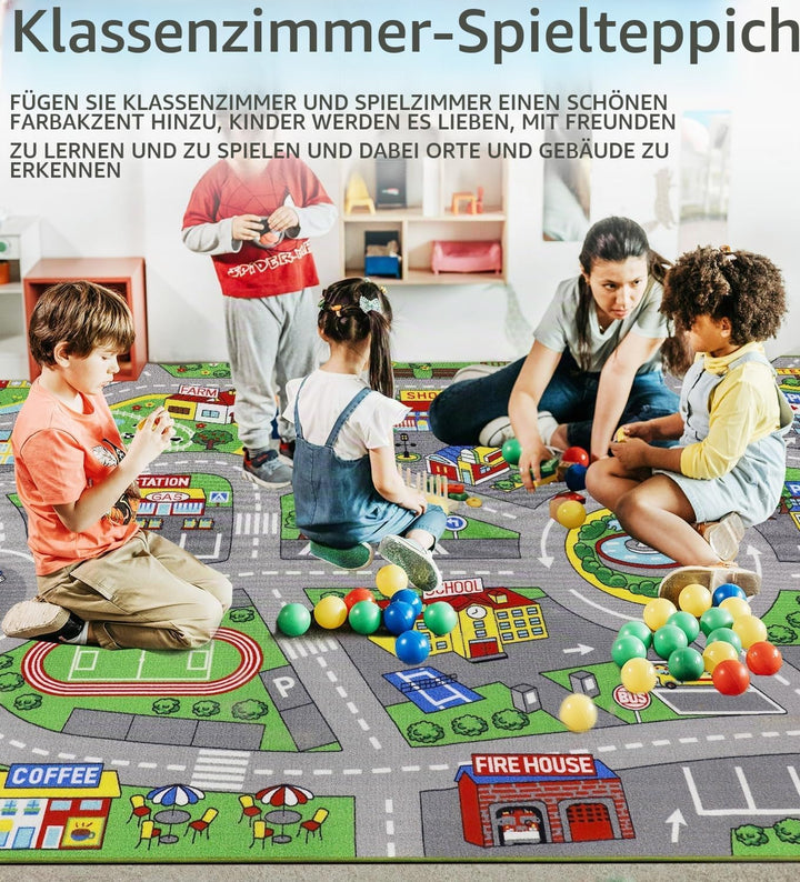 Capslpad Autoteppich Kinder 200x300cm rutschfest Kinderteppich Stadtplan Interaktiver Spielteppich W