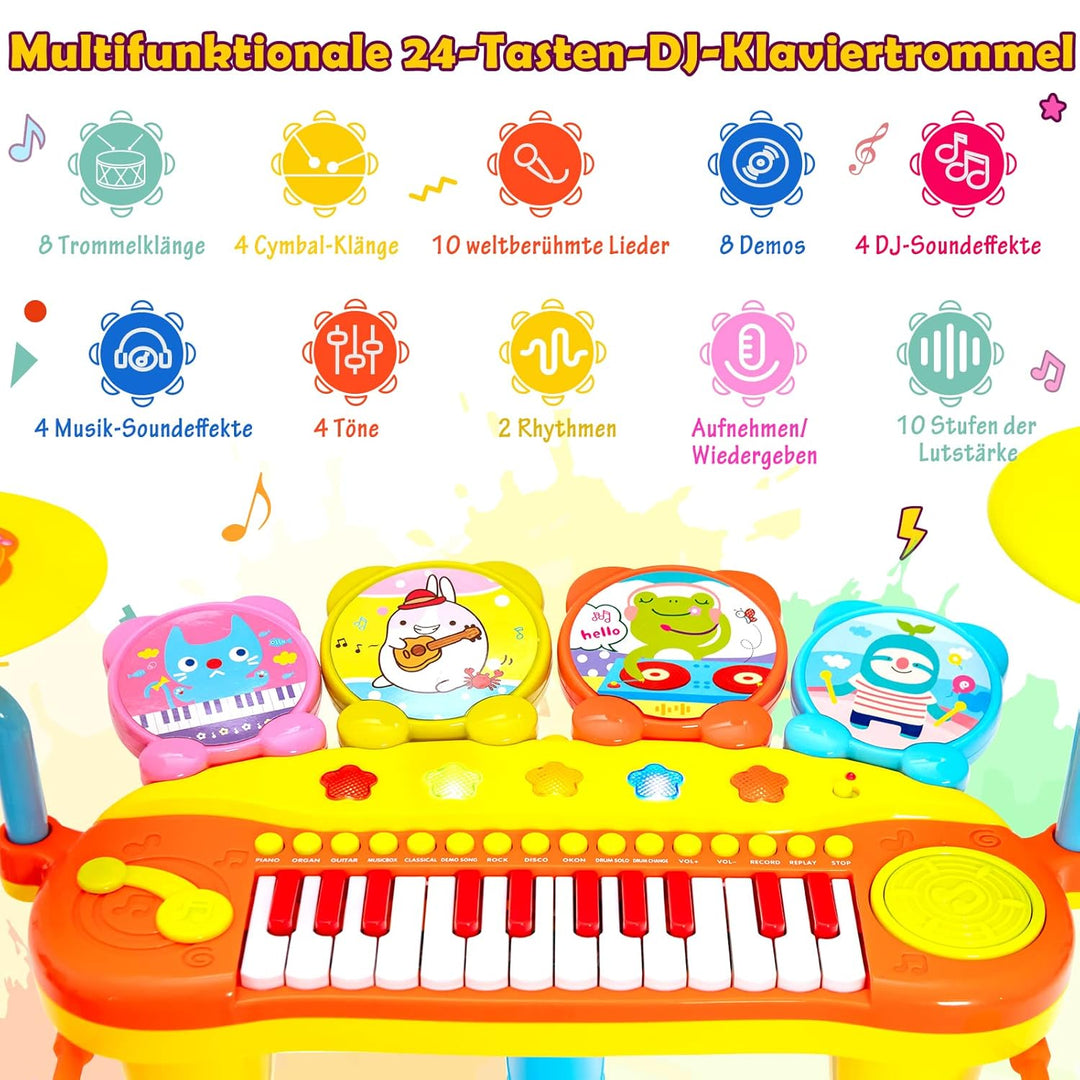 GOPLUS Kinderkeyboard mit Schlagzeug & Hocker, 24-Tasten Klaviertastatur mit 4 Trommeln, 2 Becken, 2