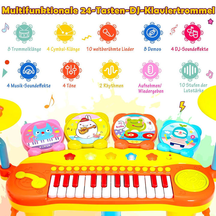 GOPLUS Kinderkeyboard mit Schlagzeug & Hocker, 24-Tasten Klaviertastatur mit 4 Trommeln, 2 Becken, 2