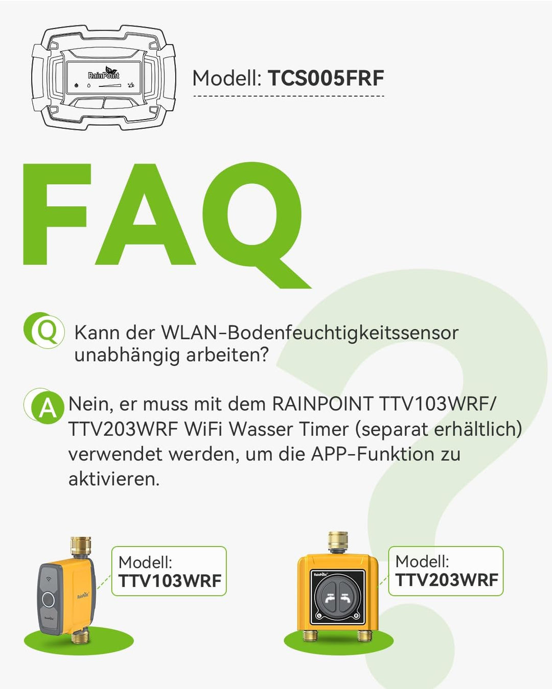 RAINPOINT WiFi Bodenfeuchtigkeitssensor TCS005FRF Muss mit WLAN Bewässerungscomputer TTV103WRF oder