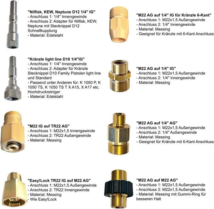 M&M Smartek Hochdruckreiniger Adapter für/kompatibel zu Kränzle light line D10 mit 1/4" Innengewinde