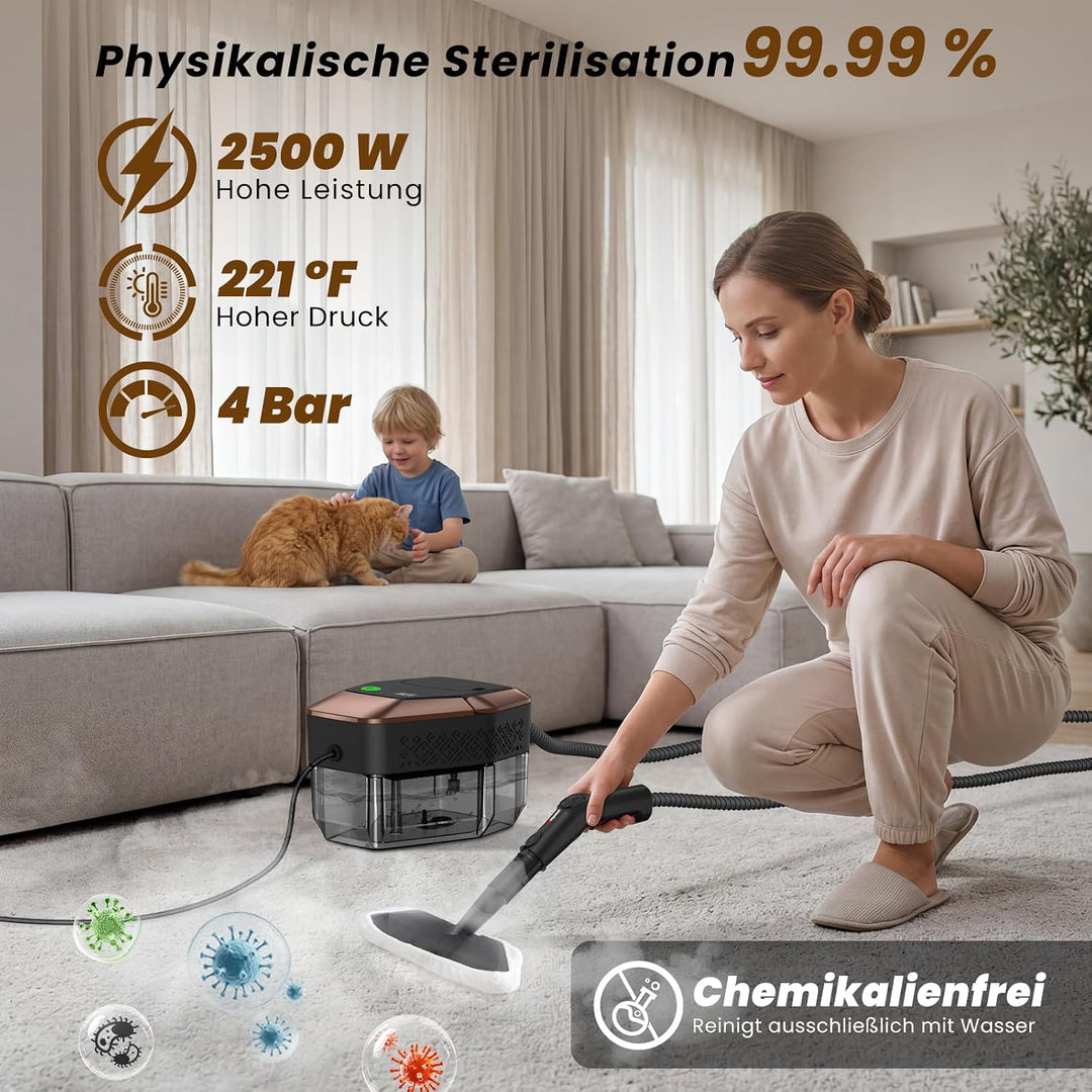 14 in 1 Dampfreiniger, 3 Stufig Einstellbarer Griff, Temperaturanzeige, 15 Sekunden Aufheizzeit, 1,8