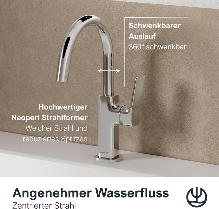 KLUDI-X3 Waschtischarmatur, 360° schwenkbar, Auslaufhöhe 180 mm, wassersparender Wasserhahn Bad Grös