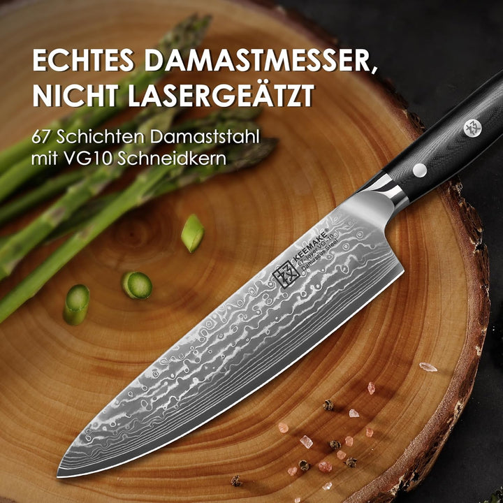 KEEMAKE Damastmesser Kochmesser 20cm, Küchenmesser Scharfes Messer aus 67 Schichten Damaststahl mit
