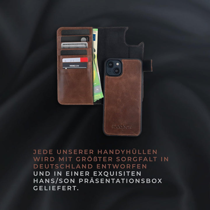 HANS/SON Lederhülle mit Kartenfächern | iPhone 14 | Echtleder | 6,1 Zoll | Schmal | Klapphülle | Sto