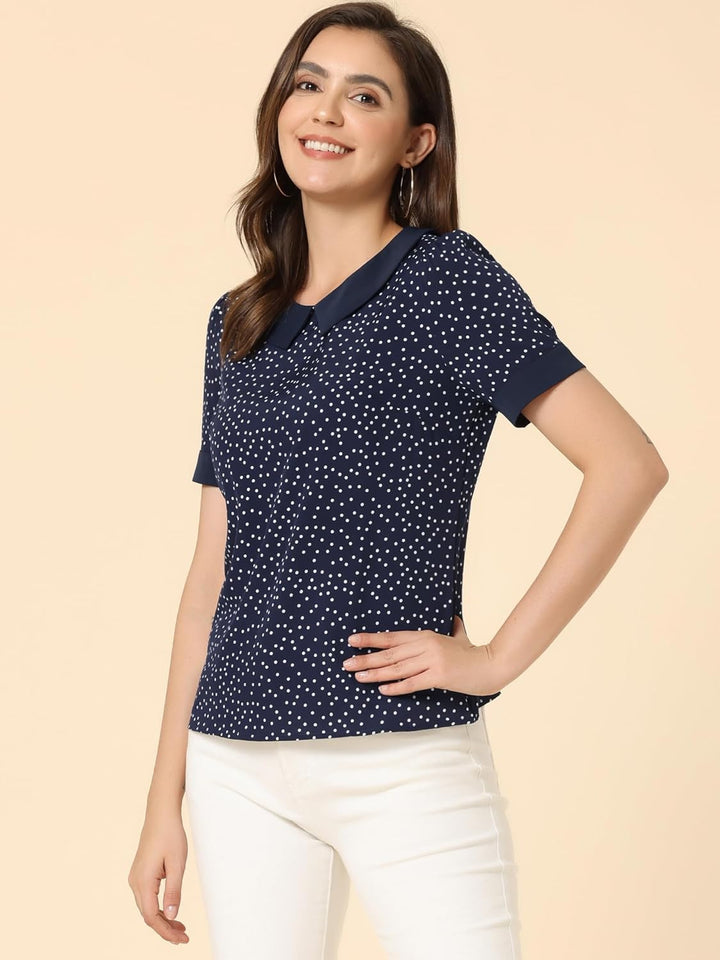 Allegra K Damen Kurzarm Bubikragen Punkte Oberteil Vintage Polka Dots Elegant Top Bluse S Navy Blau,