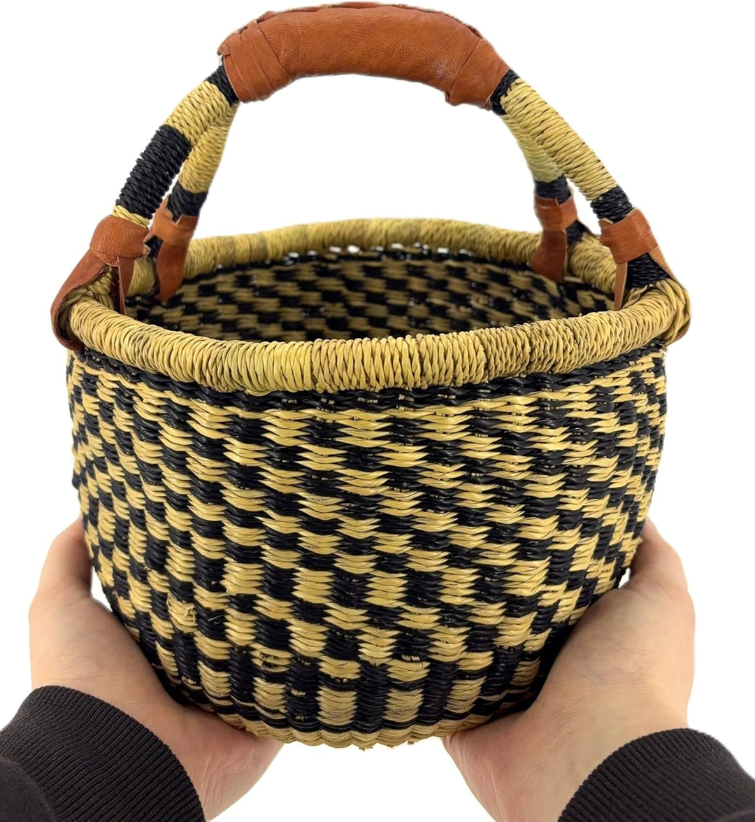 Kleiner Bolga Rundkorb Korb Original Afrika Ghana Einkaufskorb Ledergriff Fair Trade Ca : 20cm