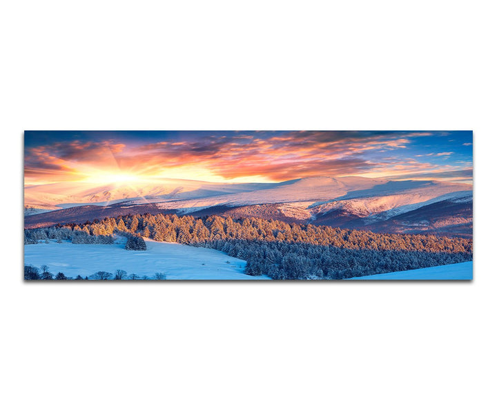 Paul Sinus Art Panoramabild auf Leinwand und Keilrahmen 150x50cm Berge Wald Schnee Wolken Sonnenaufg