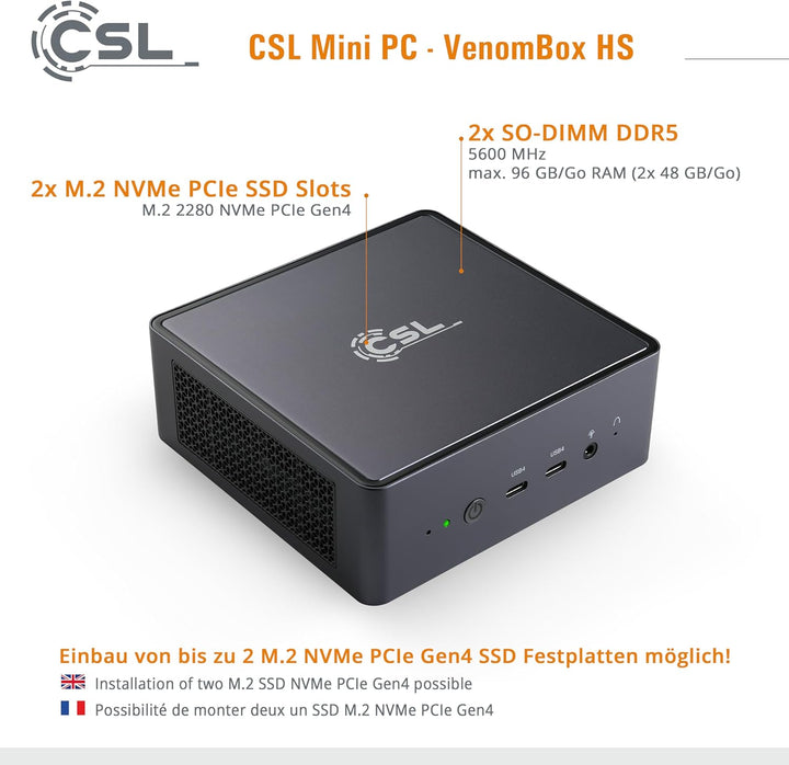 Mini PC CSL VenomBox HS Windows 11 Pro, AMD Ryzen 7 8845 HS 8X 3800 MHz, 4000 GB M.2 SSD, 96 GB DDR5