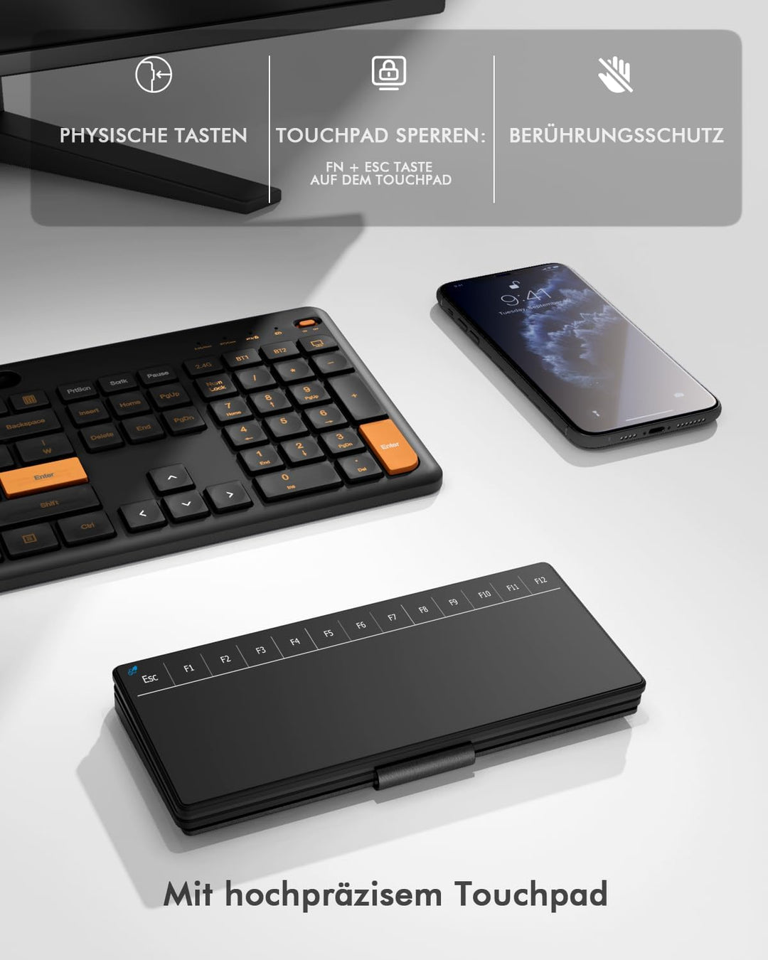 Doohoeek Mini Tastatur mit Trackpad für Handy/Tablets, Dual Bluetooth Tragbare Funktastatur, Kabello