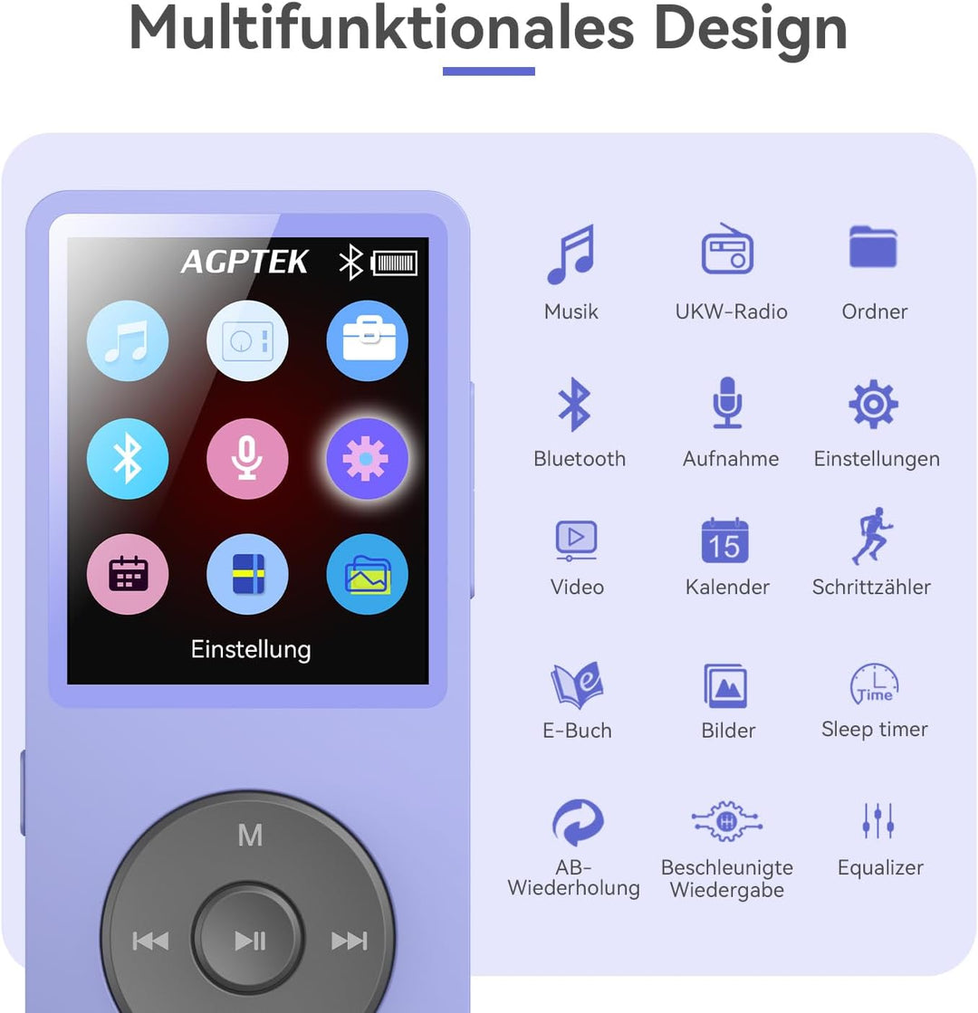 AGPTEK MP3 Player 32GB Bluetooth 5.3, 1.8 Zoll 40 Stunden Wiedergabezeit Digital Kinder MP3 Player m