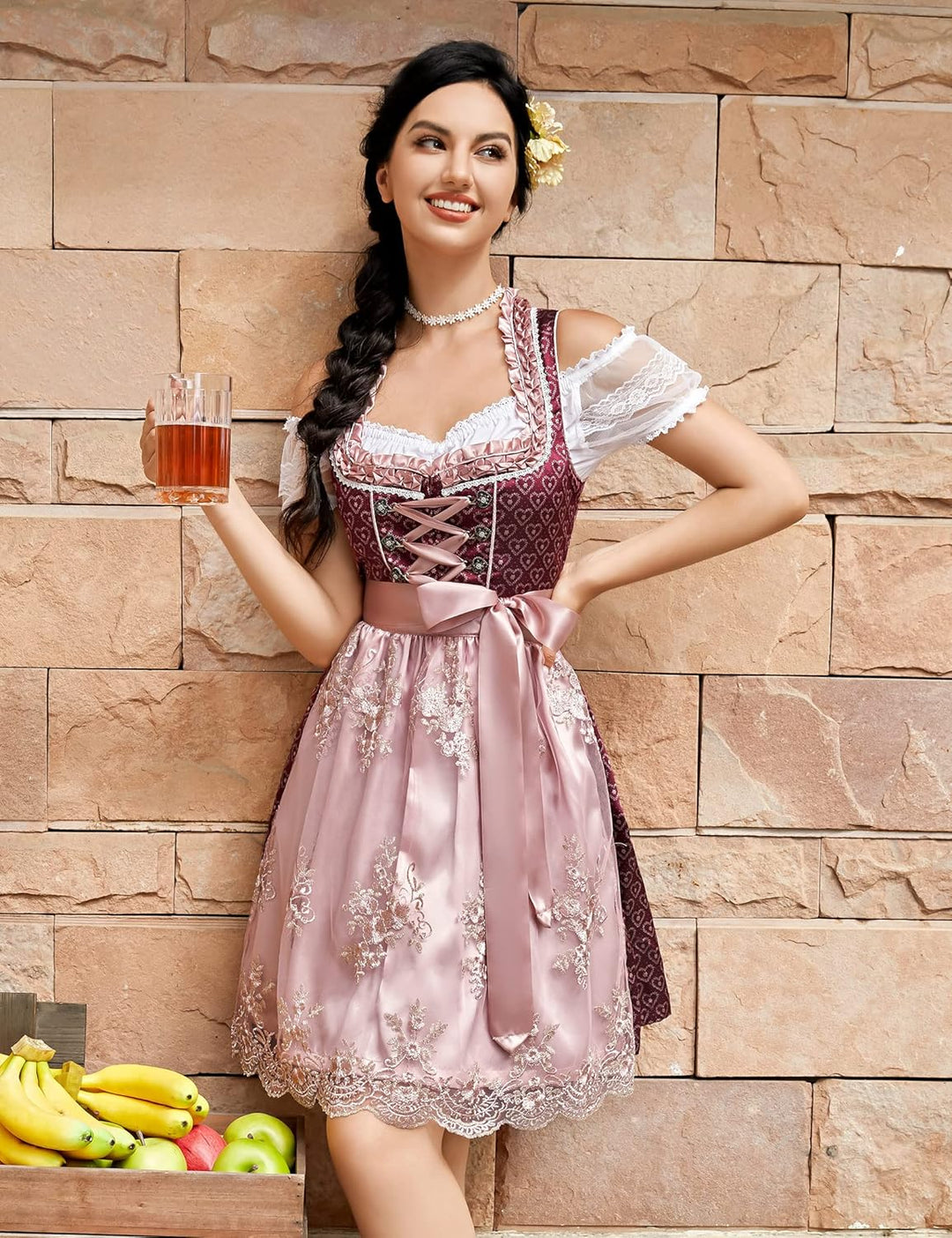 KOJOOIN Trachtenkleid Dirndl Kurz Damen Midi für Oktoberfest 3tlg.- DREI Teilig: Kleid, Bluse, Schür
