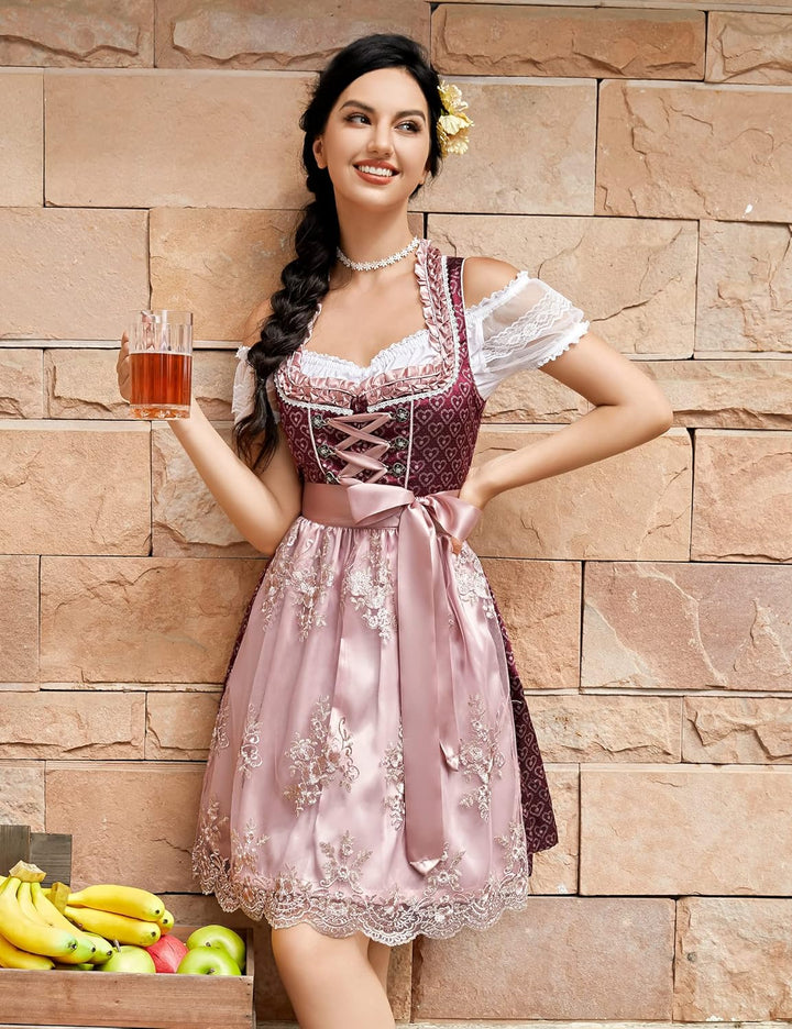 KOJOOIN Trachtenkleid Dirndl Kurz Damen Midi für Oktoberfest 3tlg.- DREI Teilig: Kleid, Bluse, Schür
