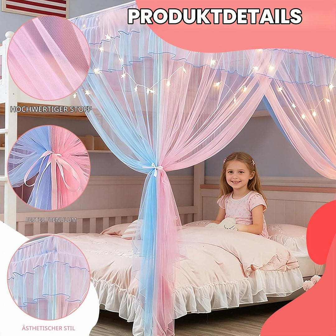 YOUYIKE Betthimmel Mädchen, 200x150x200cm Rosa Blau Zweifarbiger Moskitonetz mit LED Warmweiss Licht