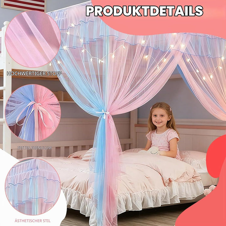 YOUYIKE Betthimmel Mädchen, 200x150x200cm Rosa Blau Zweifarbiger Moskitonetz mit LED Warmweiss Licht