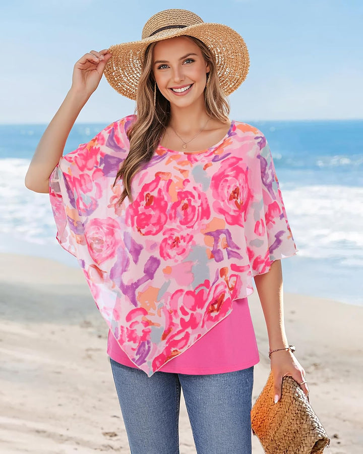 Vafoly Damen Chiffon Lose Fledermaus Bluse mit Kurzen Flatter ärmel Leichte Fliessende Bluse Rundhal