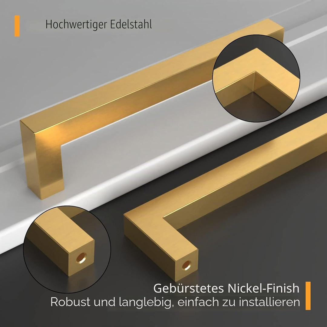 Amerdeco 10 Stück Möbelgriffe Edelstahl Gold Schrankgriffe Küchengriffe 160mm Lochabstand Schubladen