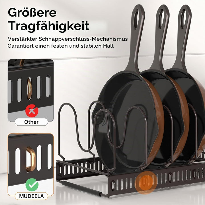 MUDEELA Töpfe und Pfannen Organizer, Erweiterbarer Küchenschrank Organizer mit 10 Verstellbaren Fäch