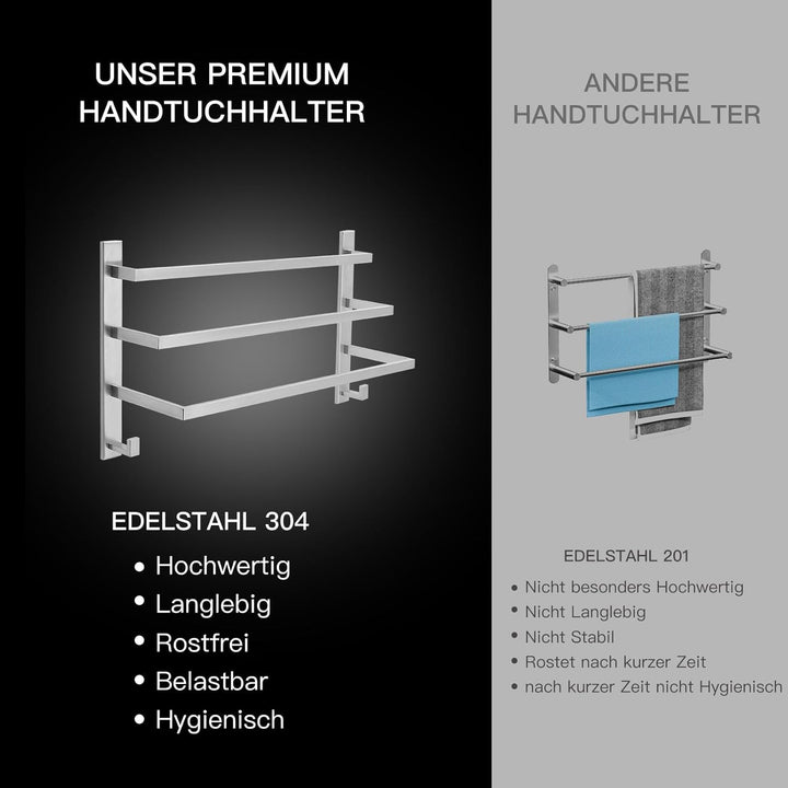 Premium Handtuchhalter ohne Bohren für das Bad | Keine Bakterienbildung | Schrauben verdeckt durch W