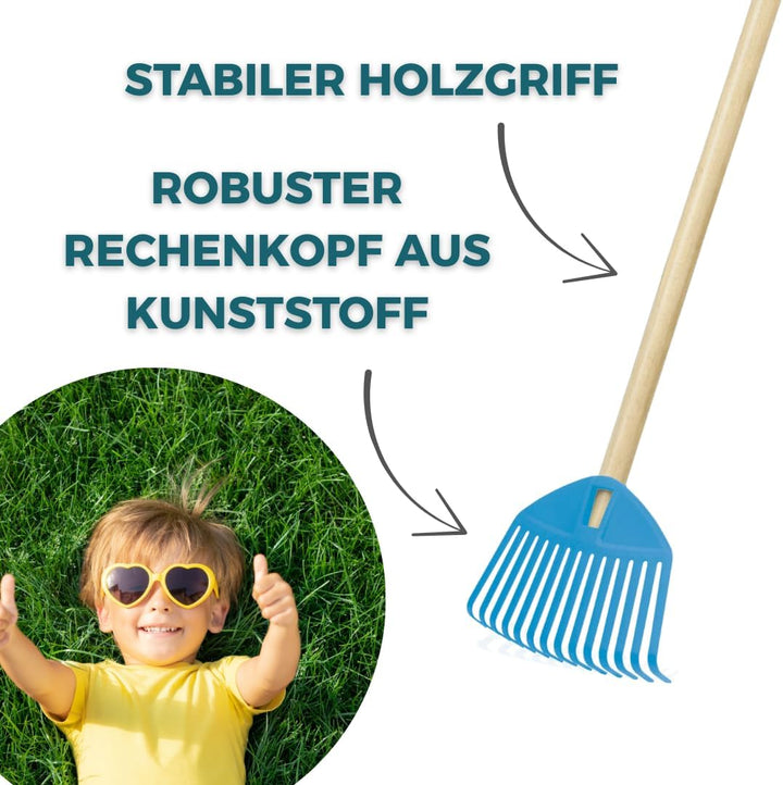 Blau Kinderrechen 70cm – Mini-Gartenrechen mit Holzgriff, Rechen/Kleinbesen für Kinder, perfekt für