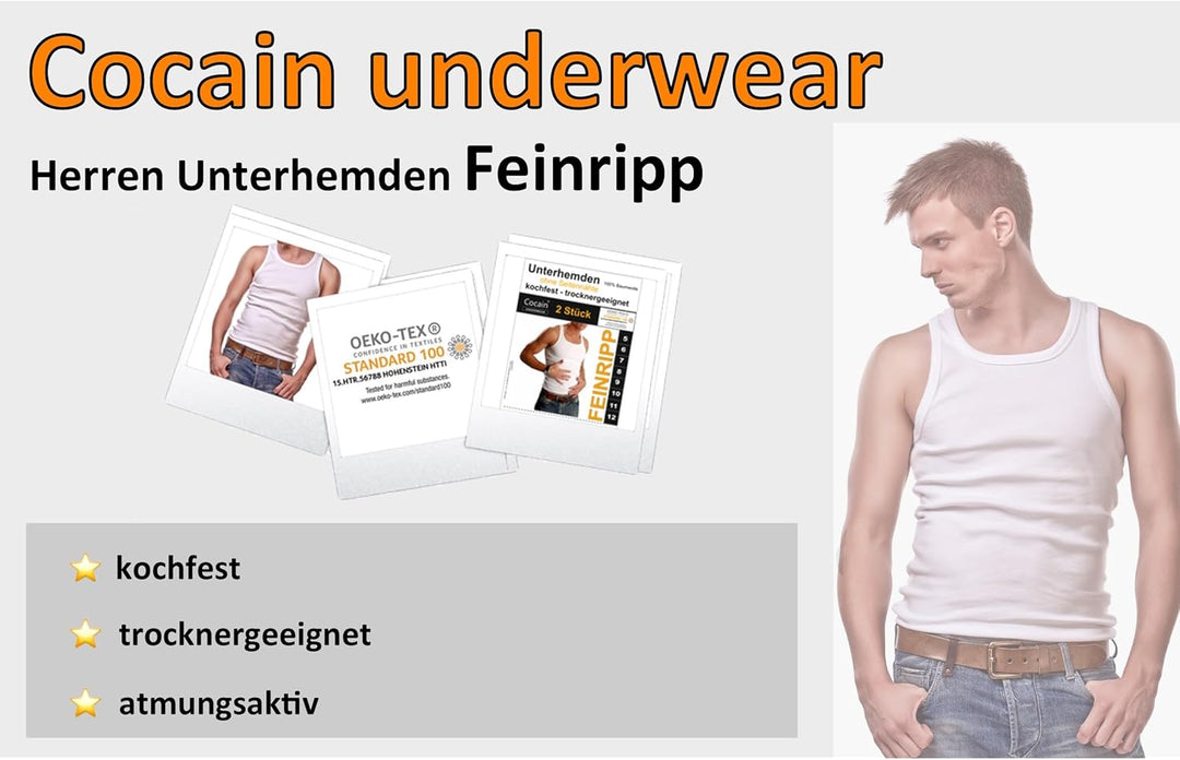 2 | 4 | 6 | 10 Pack Herren Unterhemden Marke Cocain - Achselhemd 100% Baumwolle - Weiss FEINRIPP - G