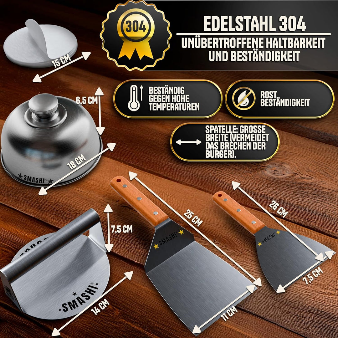 SMASHI® Smash Burger Set mit Holzgriffen – Grillzubehör aus Edelstahl 304 Burgerpresse, Spachteln &