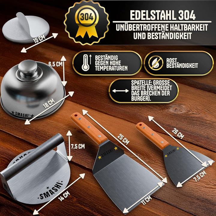 SMASHI® Smash Burger Set mit Holzgriffen – Grillzubehör aus Edelstahl 304 Burgerpresse, Spachteln &