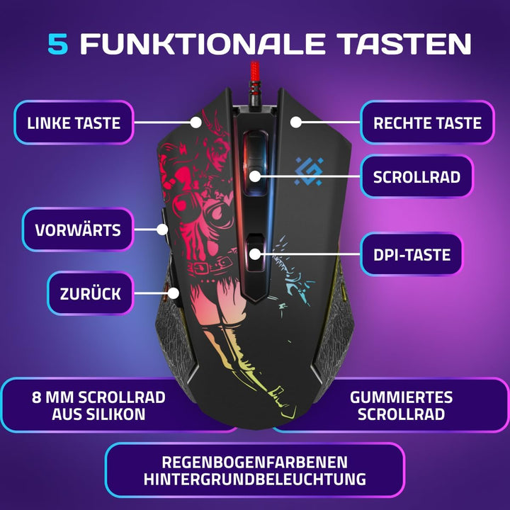 Defender Sin’Sister GM-933 Gaming Maus - Ergonomische, Kabelgebundene PC Maus mit Seitentasten, 7200
