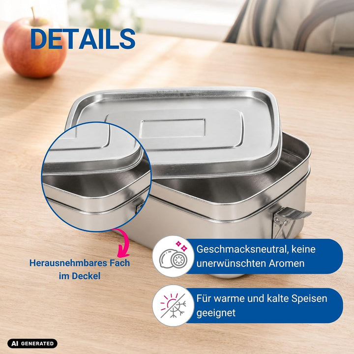 Lunchbox Edelstahl 1400 ml - Robuste Brotdose für Kinder &amp; Erwachsene inkl. Dichtungsring - BPA-frei