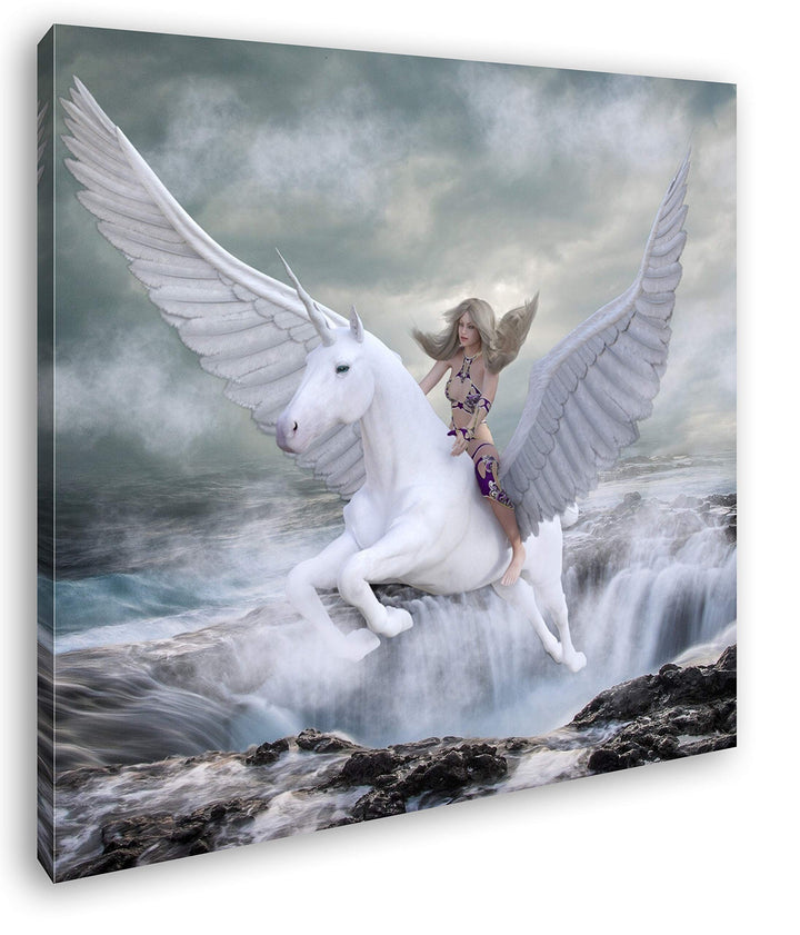 Frau auf dem edlen Pegasus Format: 70x70 als Leinwand, Motiv fertig gerahmt auf Echtholzrahmen, Hoch