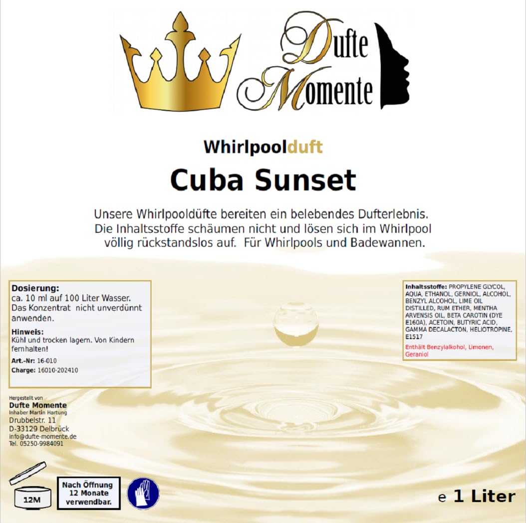 Dufte Momente | Whirlpool Duft 1 Liter | Cuba Sunset (Geranium, Mojito, Rum) | mit naturreinen und n