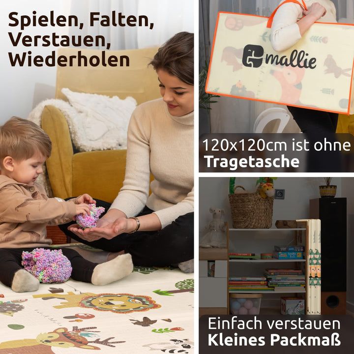 Mallie® Spielmatte Baby Faltbar 120x120x1cm [100% BPA- und Schadstoff-Frei] Doppelseitige Krabbelmat