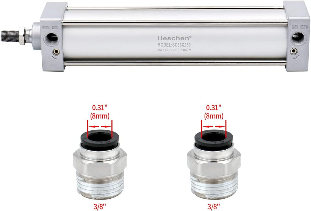 Heschen Pneumatischer Standard-Luftdruckzylinder, SC 63-250, PT3/8" Anschluss, 63mm Bohrung, 250mm H
