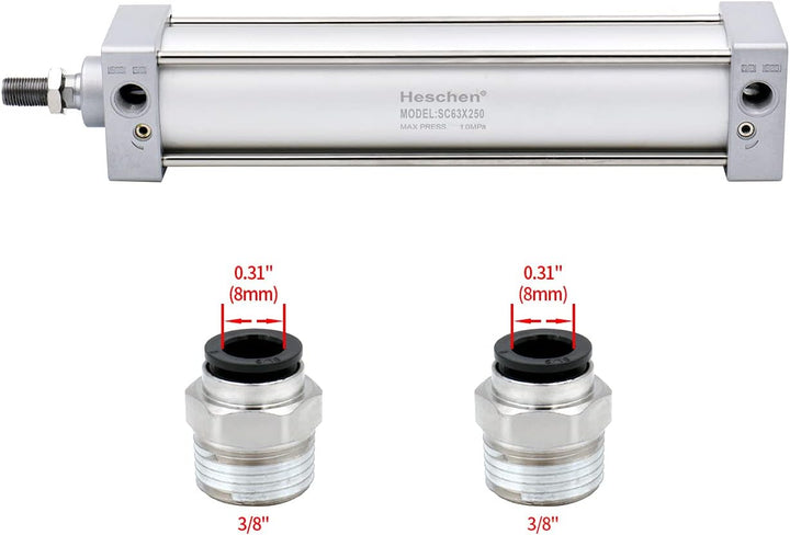 Heschen Pneumatischer Standard-Luftdruckzylinder, SC 63-250, PT3/8" Anschluss, 63mm Bohrung, 250mm H