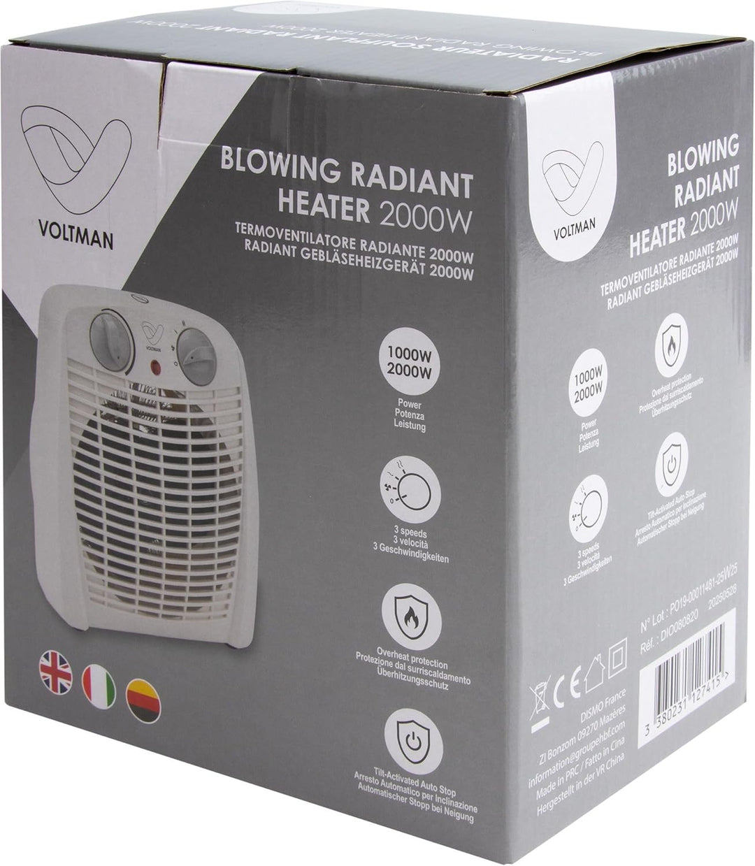 DIO - Tragbarer Heizlüfter 2000W - Regelbarer Thermostat - 2 Heizleistungen - 3 Modi - Kompakt und L