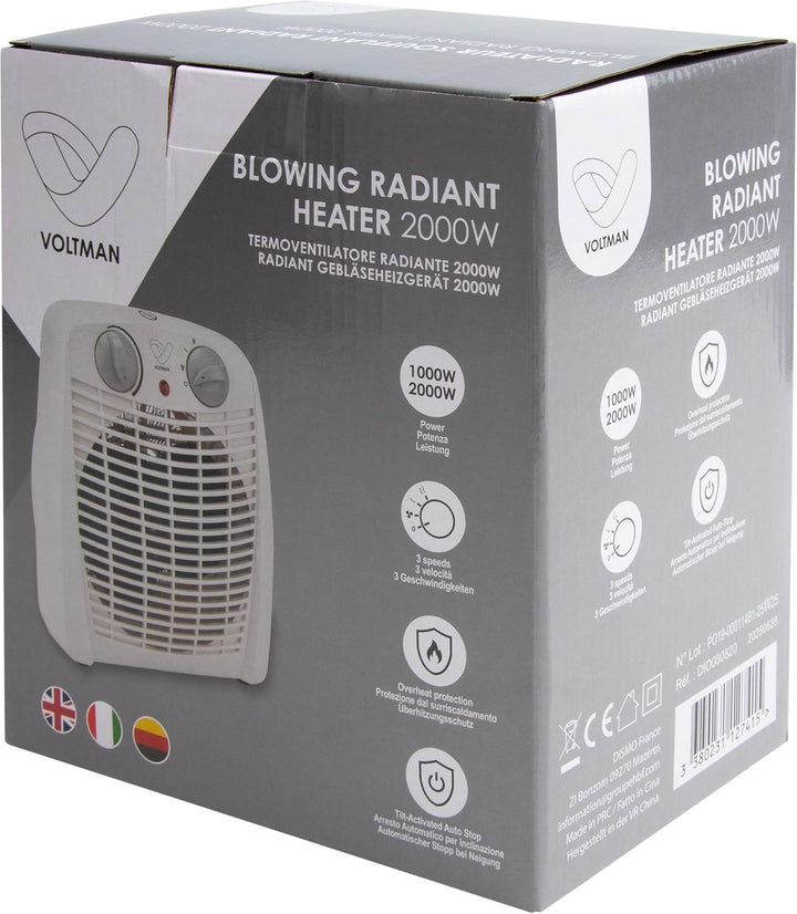 DIO - Tragbarer Heizlüfter 2000W - Regelbarer Thermostat - 2 Heizleistungen - 3 Modi - Kompakt und L