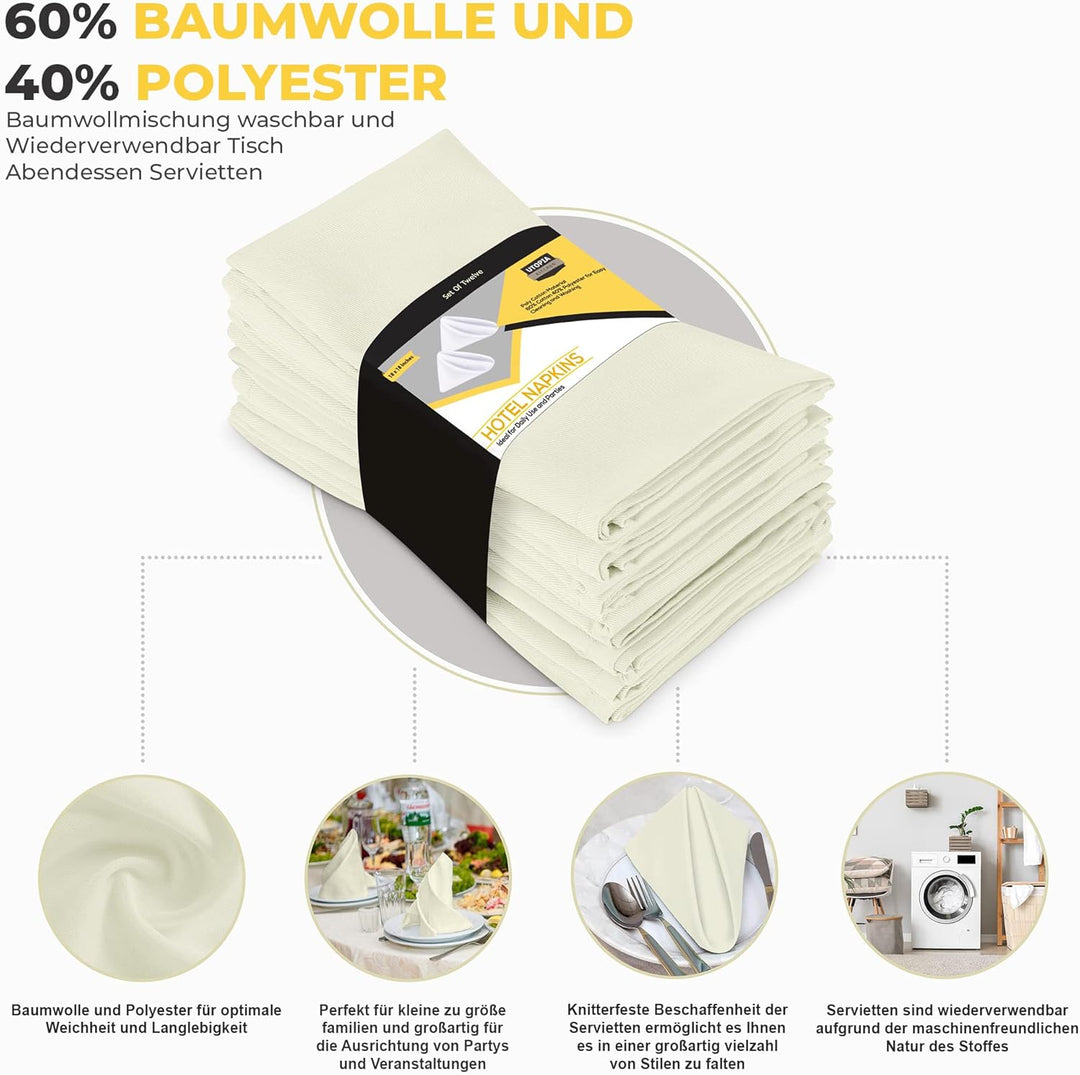 Utopia Küchentuch-Servietten [12er Pack, Elfenbein] 46x46 cm Waschbare Tischservietten für Hotel, Mi