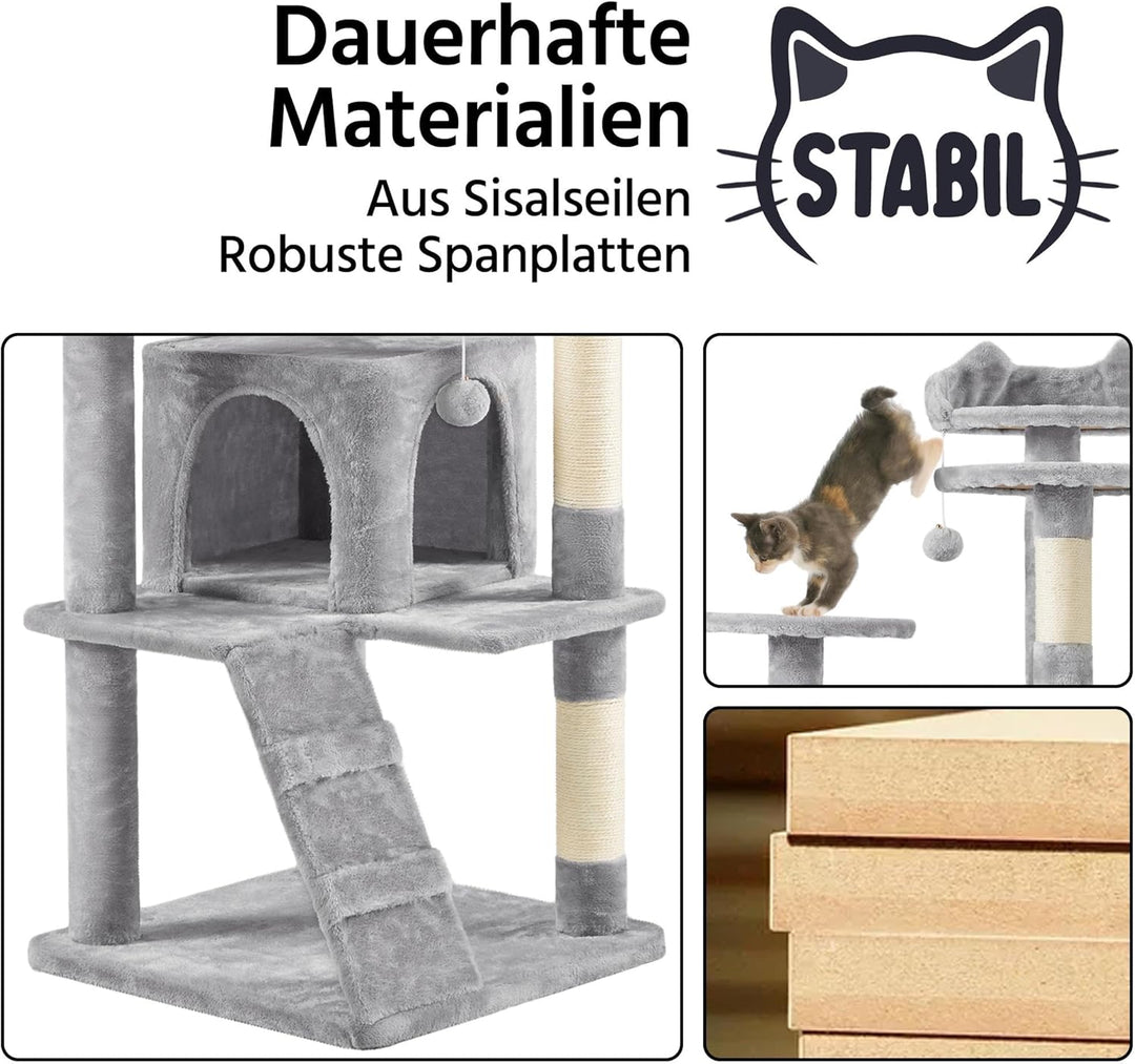 Yaheetech 178 cm Kratzbaum gross Stabiler Katzenbaum mit 2 Höhlen hellgrau | FSC-zertifizierte Spanp