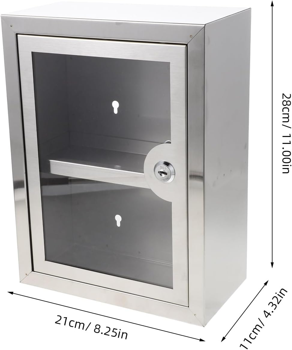 Abschliessbare Medikamentenbox aus Metall mit 2 Ablagen Transparente Tür Wandmontage Edelstahl für K
