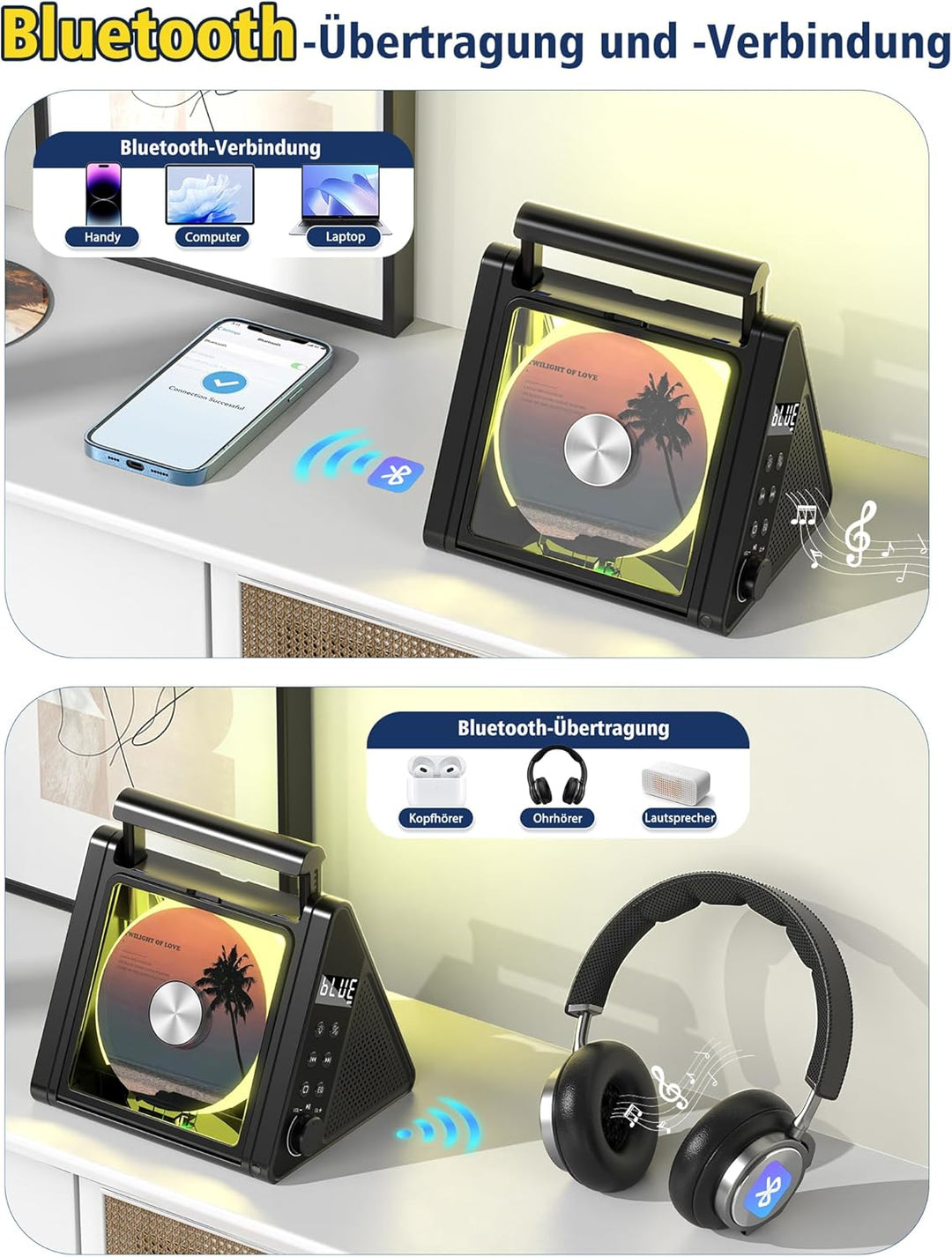 CD-Player mit tragbarem Griff, spezielles Dreieckdesign, verbesserter Bluetooth-CD-Player mit 8 Modi