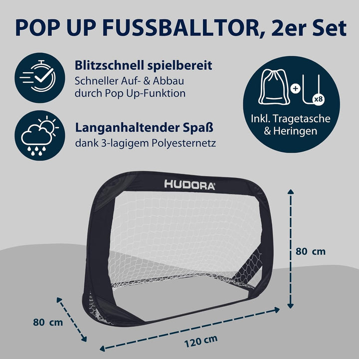 HUDORA Pop Up-Fussballtor 2er Set - Faltbare Fussballtore für Kinder &amp; Erwachsene - Fussballtorset G
