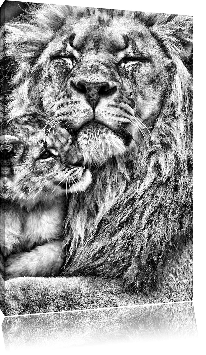 Pixxprint Monocrome, Löwe kuschelt mit Jungtier, Format: 100x70 auf Leinwand, riesige Bilder fertig