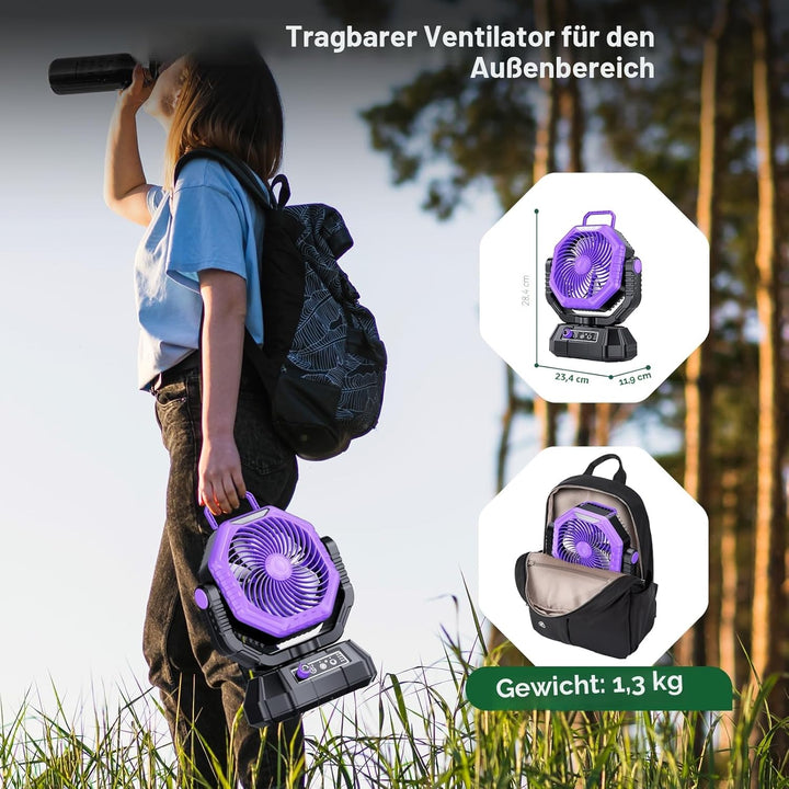 AJVV Camping Ventilator mit akku 20000mAh, Akku Ventilator mit Fernbedienung/LED Licht/270° Drehung,