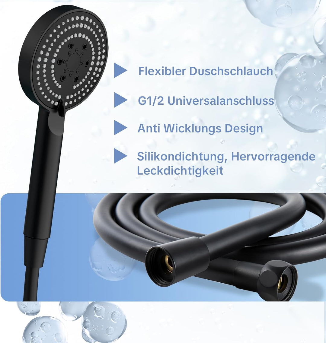 OFFO Duschkopf mit Schlauch und Halterung, 100 mm Duschbrause mit 6 Strahlarten, Handbrausen Wassers