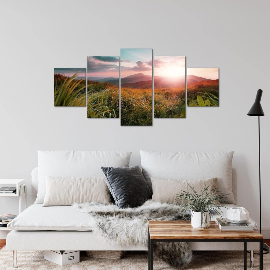 Runa Art Wandbilder Sonnenaufgang Landschaft 5 Teilig Bild auf Vlies Leinwand Deko Schlafzimmer Wohn
