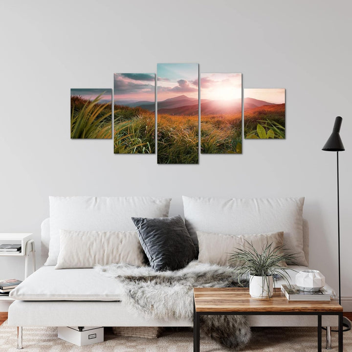 Runa Art Wandbilder Sonnenaufgang Landschaft 5 Teilig Bild auf Vlies Leinwand Deko Schlafzimmer Wohn