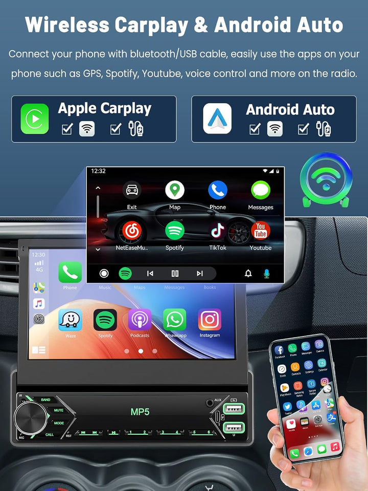 DAB/DAB+ Autoradio 1 DIN mit Ausfahrbarem 7-Zoll-Bildschirm, Unterstützt Wireless Carplay & Android