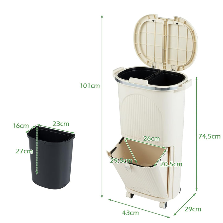LIFEZEAL 38L / 42L Mülleimer auf Rädern, Abfalleimer mit 3 Fächern & Deckel, Tretmülleimer mit Griff