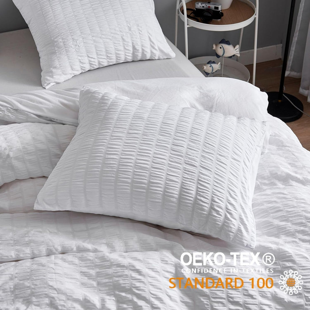 Freyamy Seersucker Bettwäsche 220x240cm 3teilig Weiss Geprägt Streifen Strukturiert Bettwaren-Sets U