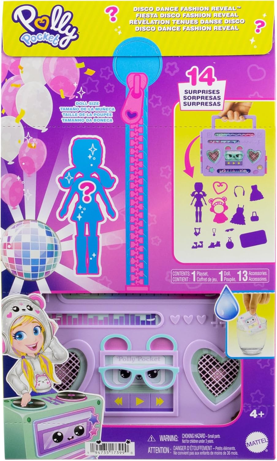 Polly Pocket-Puppe und Spielset, Diskoparty Fashion Reveal, Reisespielzeug zum Auspacken mit ca. 7 c